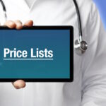 Price Lists. Doctor in smock holds up a tablet computer. The term Price Lists is in the display. Concept of disease, health, medicine