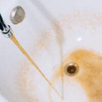 Rusty water flows from the tap into the bathtub