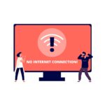 No internet connection. Wireless connectivity disconnect, error connection wifi. Annoyed people and unpluged computer vector illustration